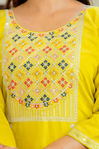 The52 Yellow Women's Beautiful Embroidered Viscose Shimmer Fabric with Straight Kurta, Pant and Dupatta Set | Grocsy