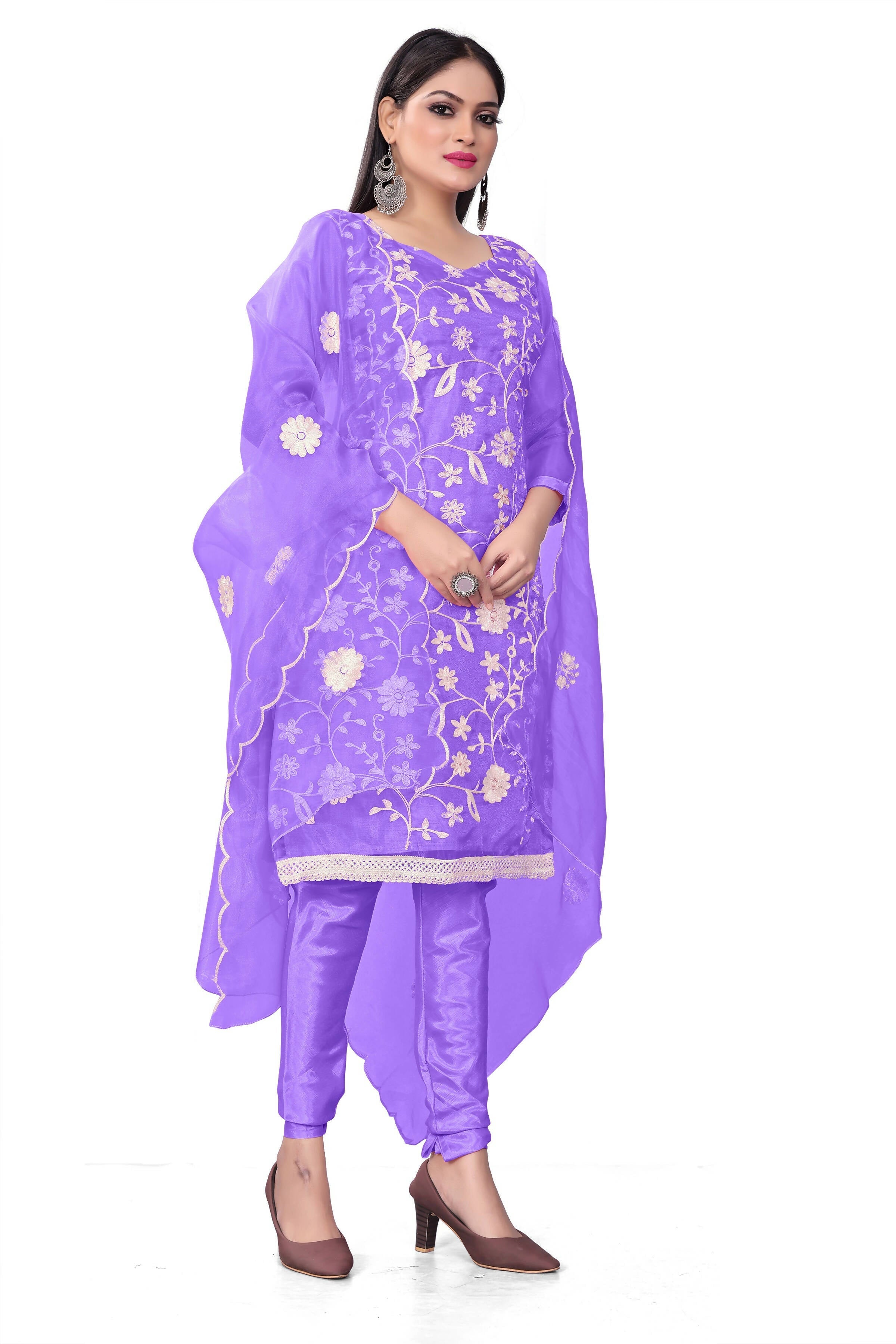 Lavender Organza Silk Embroidered Work Unstitched Dress Material - Tanvi | Grocsy