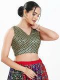 Joban Fashion Bottle Green Silk Padded Blouse With Sweetheart Neck Sleeveless | Grocsy