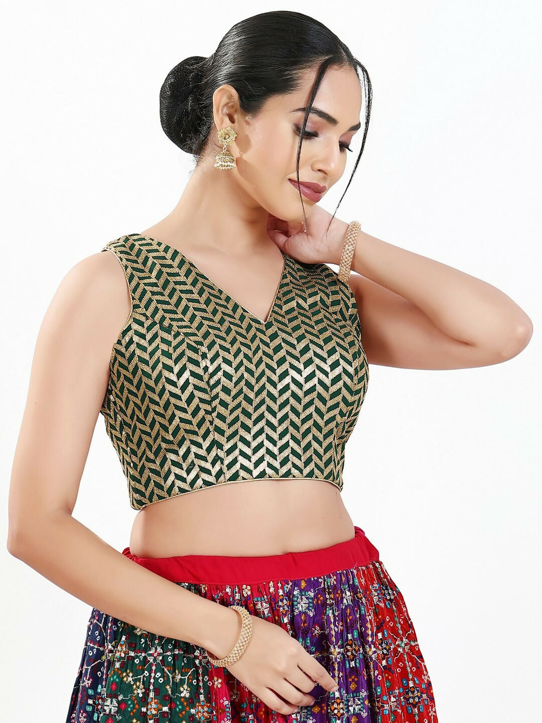 Joban Fashion Bottle Green Silk Padded Blouse With Sweetheart Neck Sleeveless | Grocsy