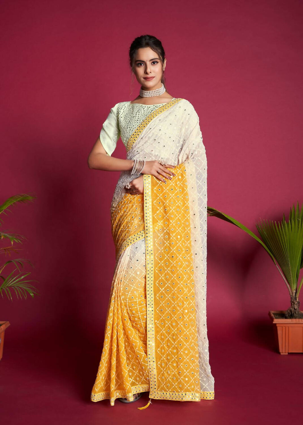 Vamsee Yellow & White Georgette Designer Saree | Grocsy