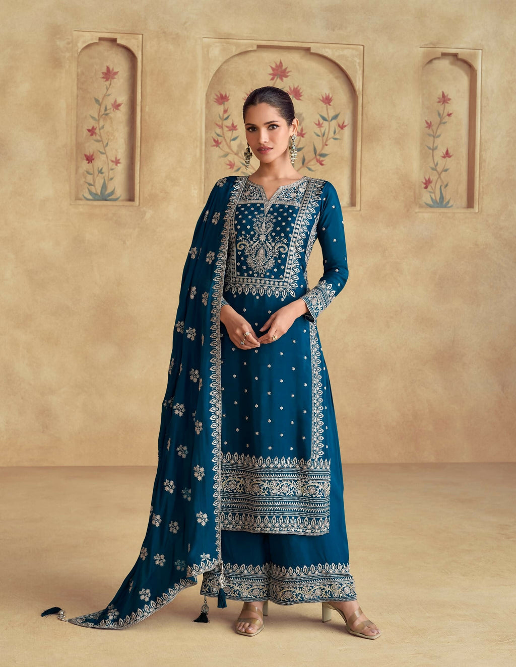 Anaita Teal Premium Chinon Embroidered Dhaga Sequence Work Ready Made Suit | Grocsy