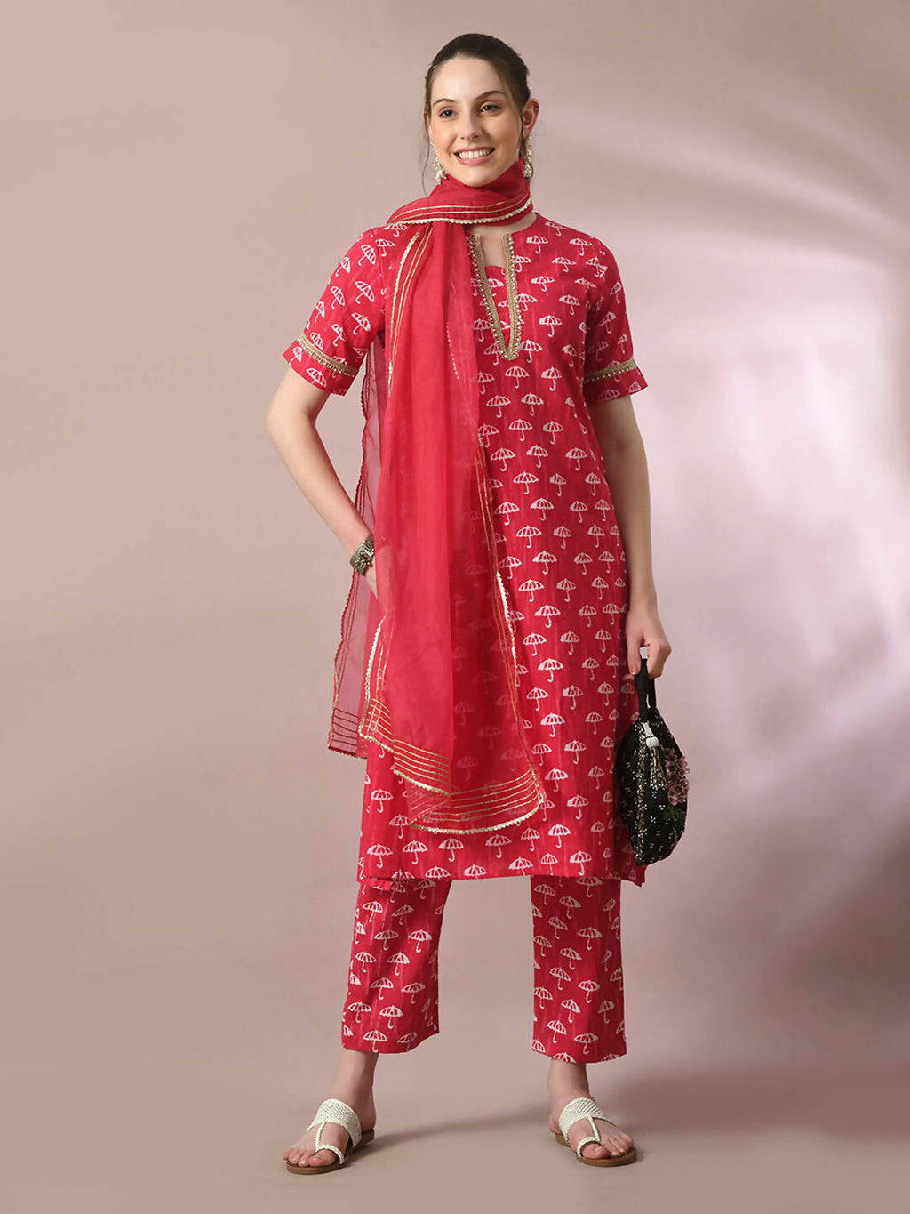 Myshka Women's Pink Printed Cotton Straight Party Kurta Set With Dupatta | Grocsy