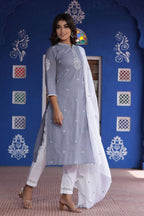 Yufta Kurta Women Grey & White Embroidered Kurta with Palazzo & Dupatta | Grocsy