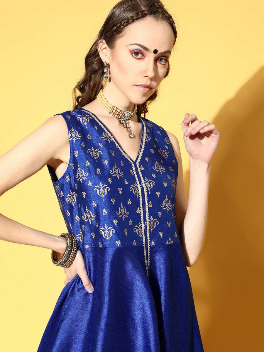 Ahalyaa Women Royal Blue Colour Poly Silk Printed Kurta Palazzo Set | Grocsy