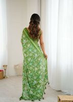 PR Fashion Green Bright Moss Satin Patta Printed Saree | Grocsy