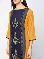 Aniyah Rayon Block Printed Straight Kurta In Mustard And Blue (AN-119K) | Grocsy