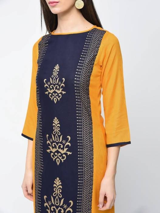 Aniyah Rayon Block Printed Straight Kurta In Mustard And Blue (AN-119K) | Grocsy