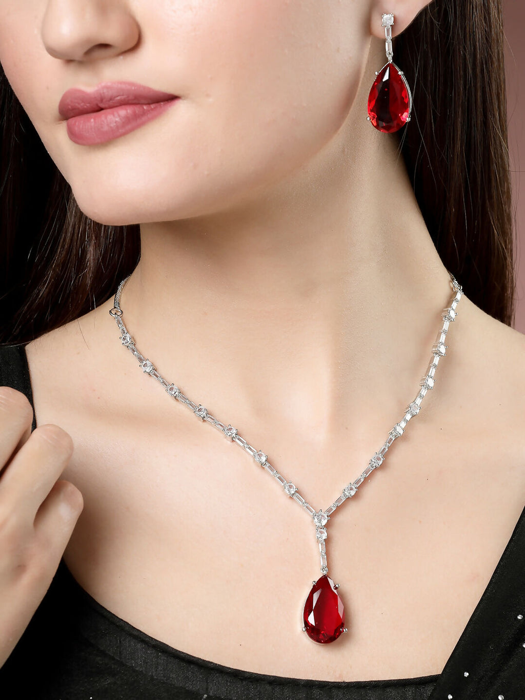 NVR Women's Silver-Plated Red Artificial Stones Studded Handcrafted Jewellery Set | Grocsy