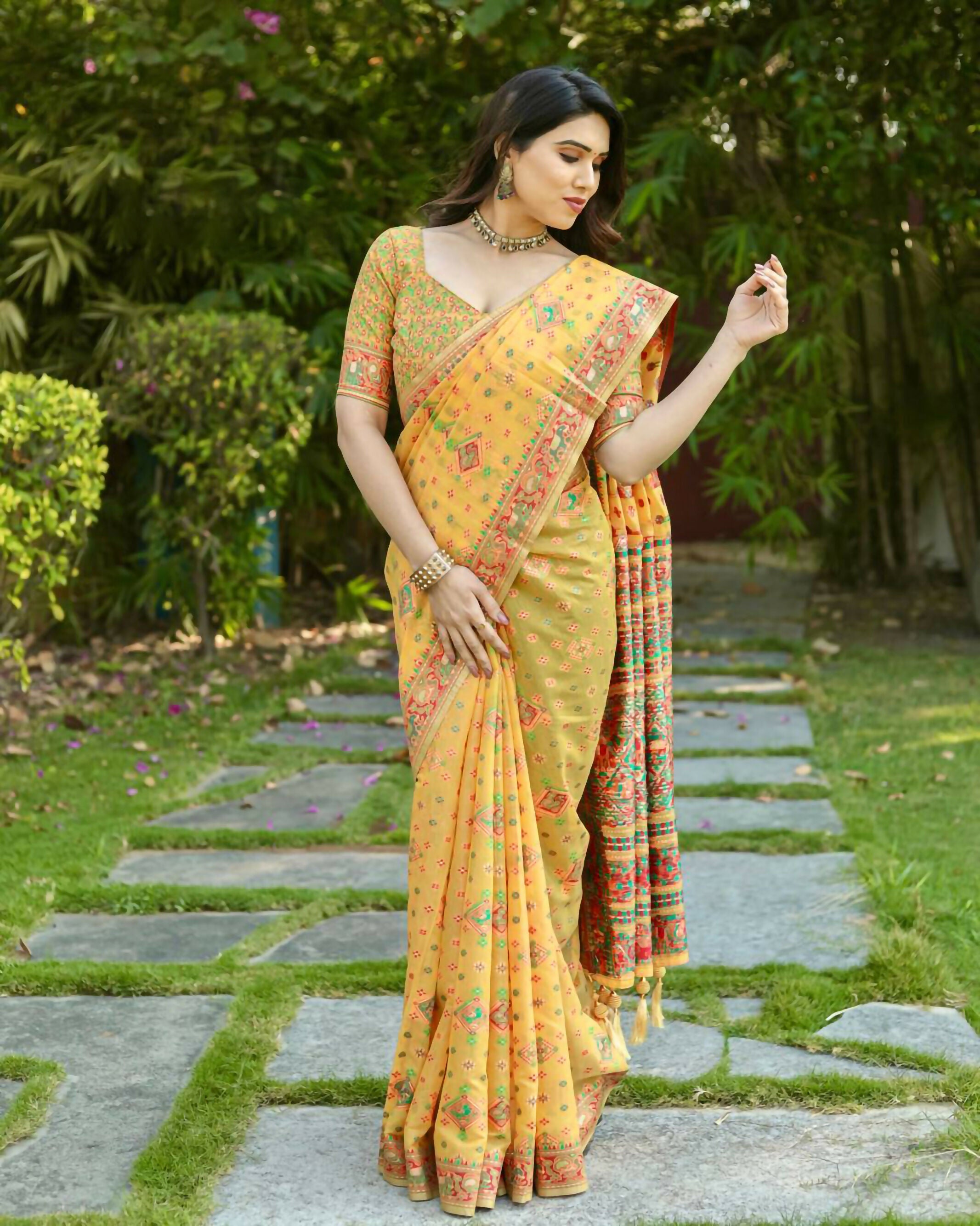 Vastranavya Luxury and Beautiful Soft, Smooth, Flowing Original Pashmina Soft Cotton Saree with Matching Blouse Fabric - Yellow | Grocsy
