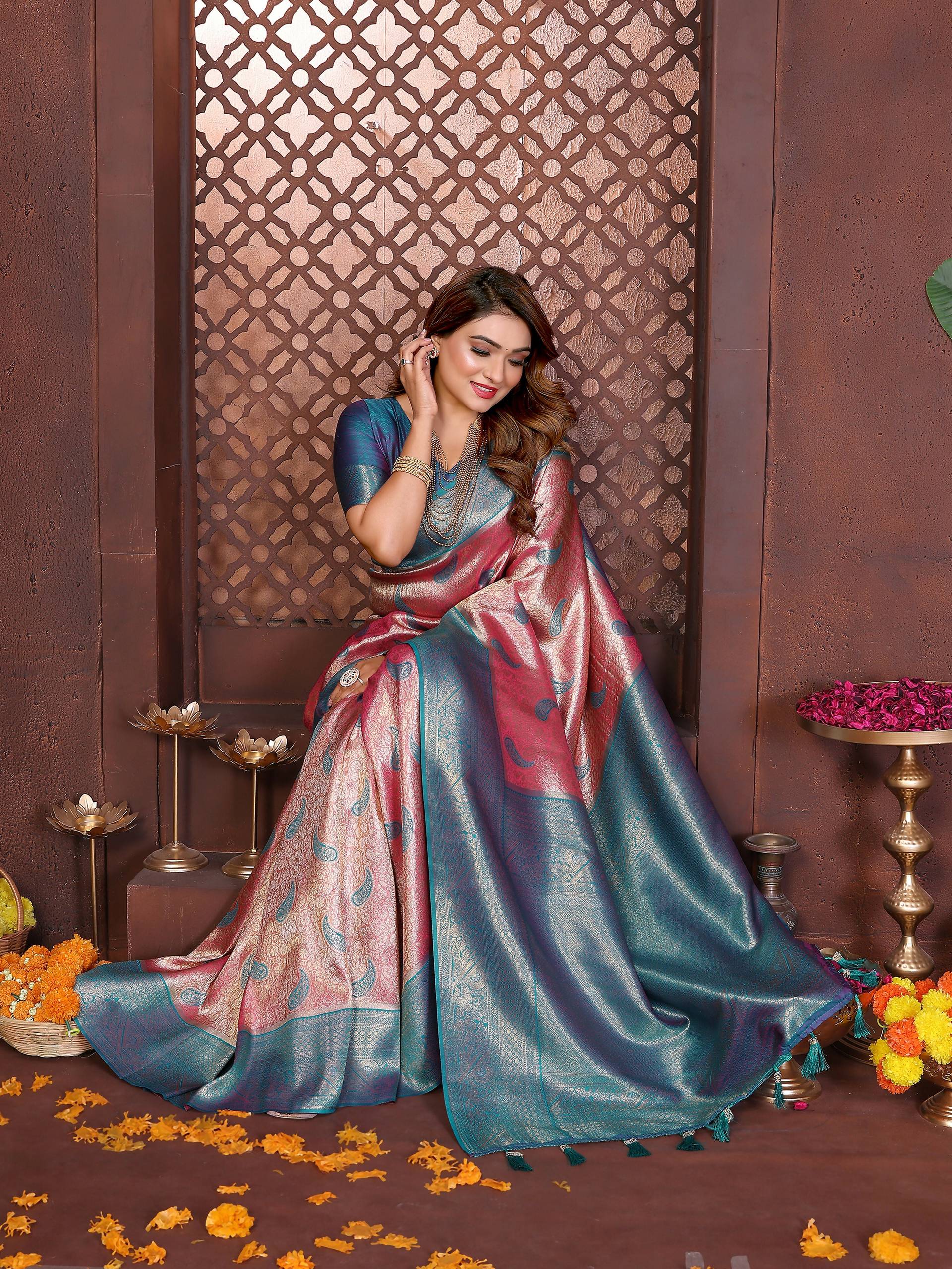 Aastha Fashion Magenta Tissue Silk Weaving Saree | Grocsy