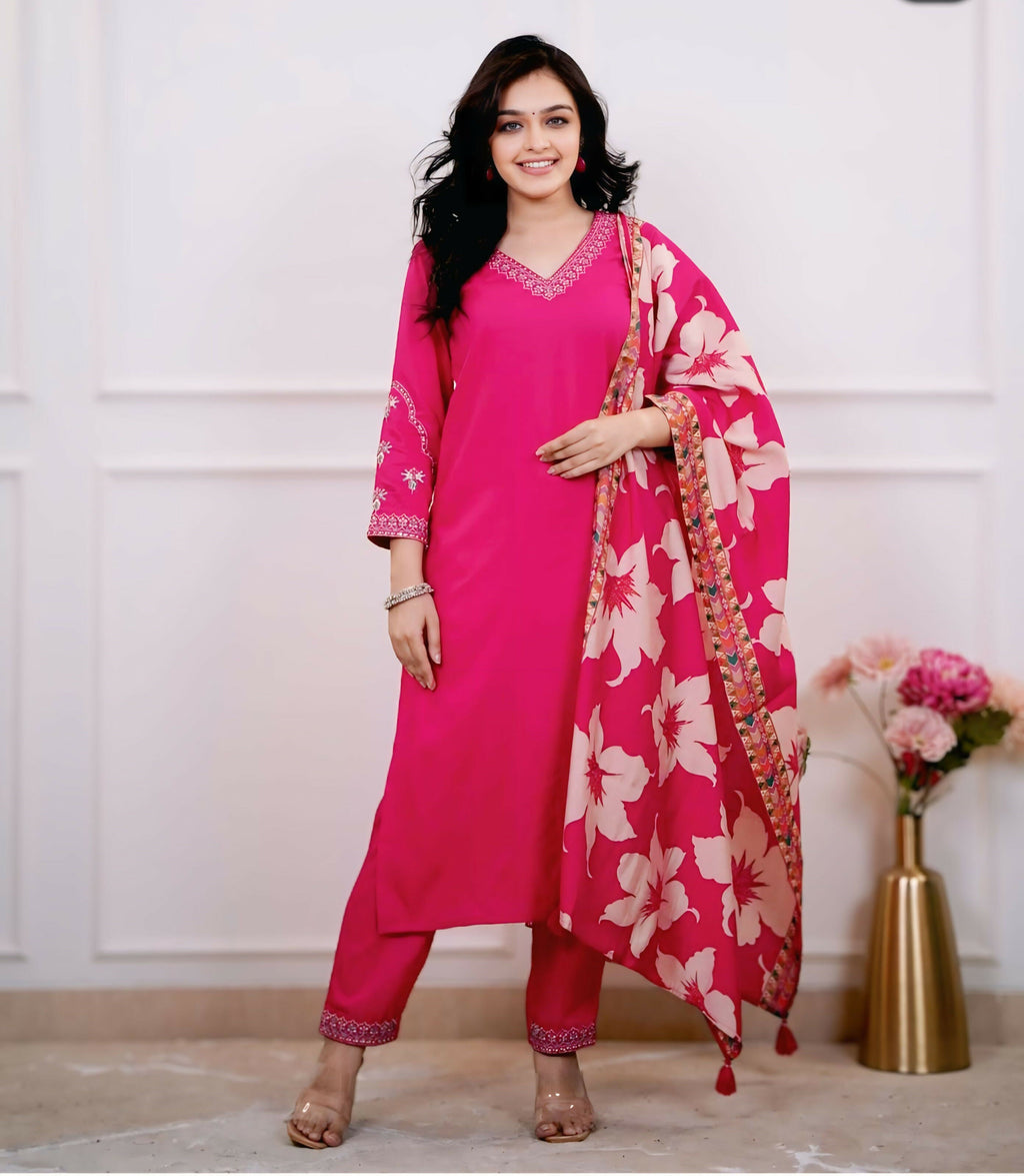 The52 Pink Women's Beautiful Viscose Silk Fabric Embroidered Work Straight Kurta Pant and Dupatta Set | Grocsy