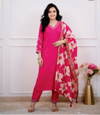 The52 Pink Women's Beautiful Viscose Silk Fabric Embroidered Work Straight Kurta Pant and Dupatta Set | Grocsy