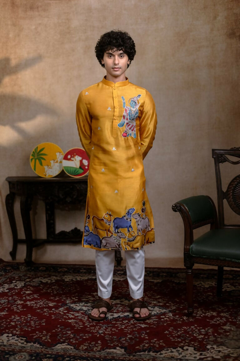 Falling Raw Silk Yellow Mural Krishna By Hilo Design | Grocsy