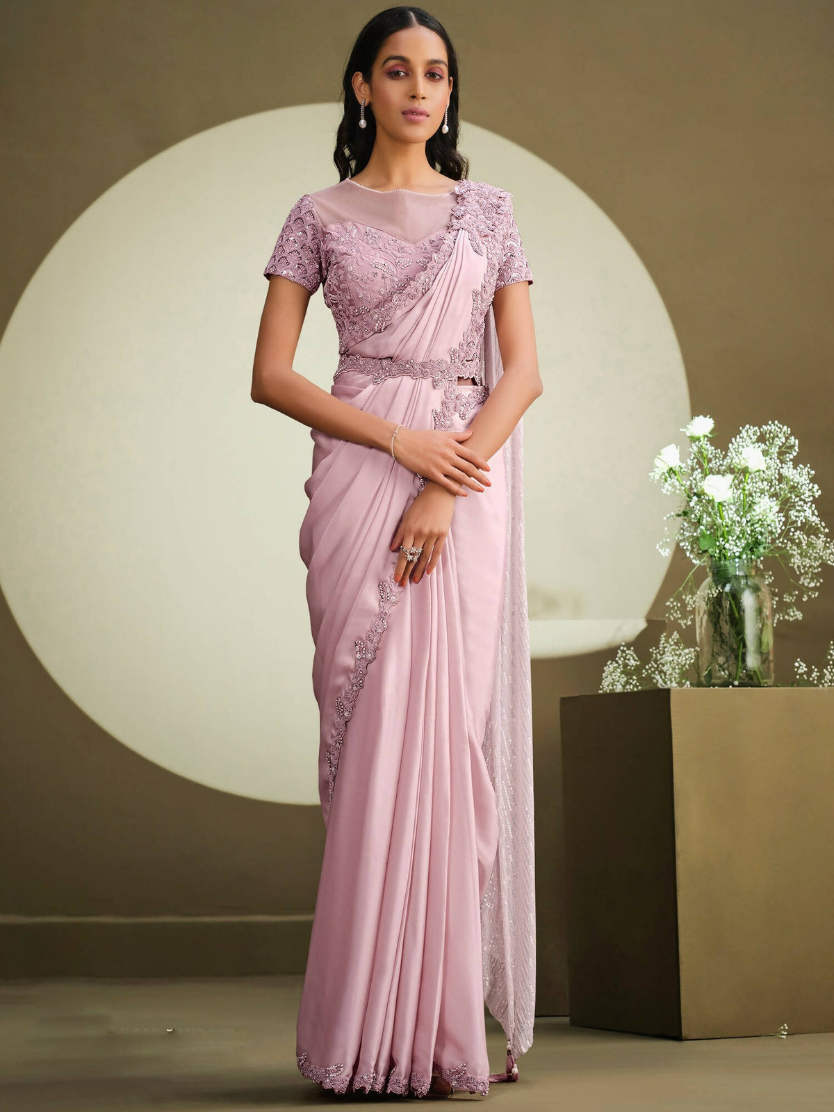 Pink Crepe Georgette Silk Sequence Embroidered With Stone Work Saree With Stitched Blouse - Mohmanthan La Belle | Grocsy