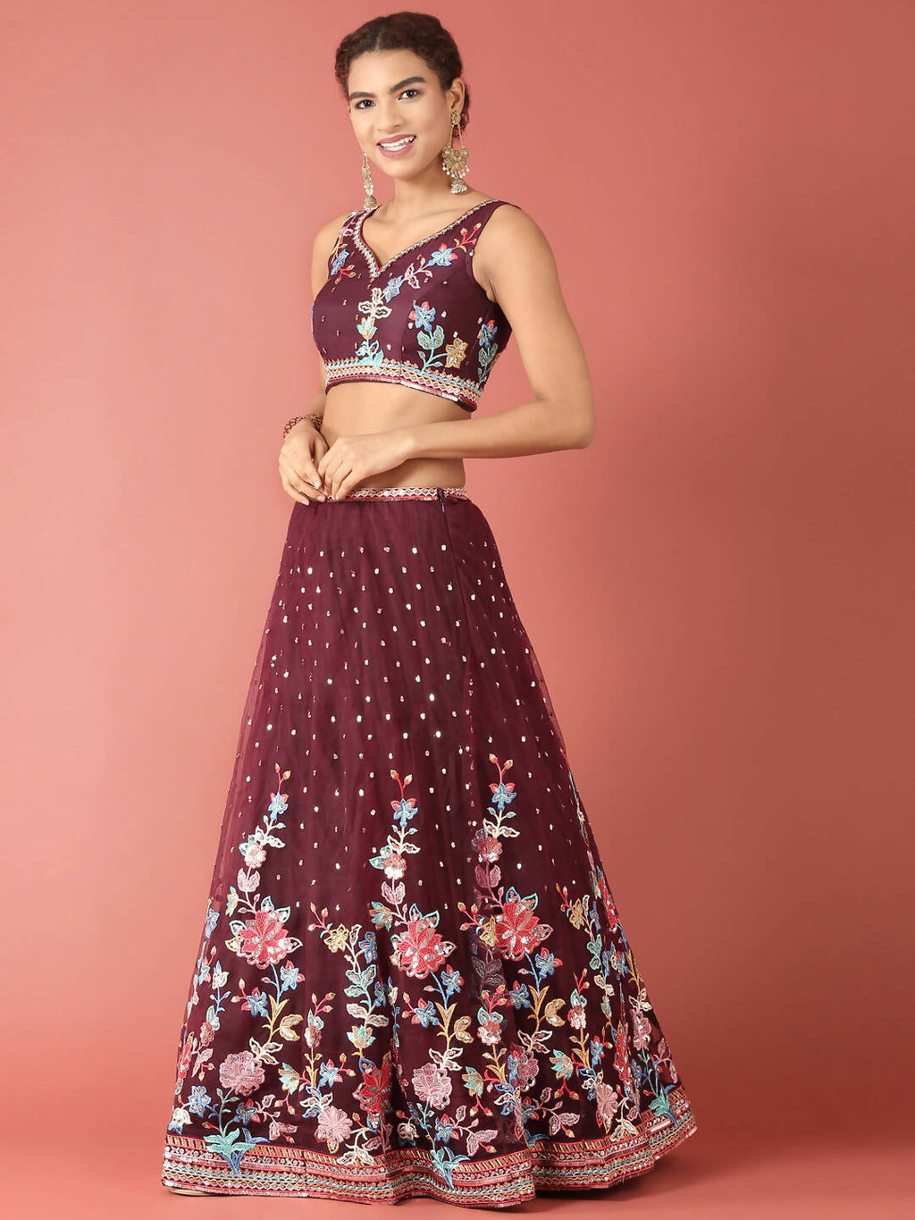 House of Panchhi Burgundy Net Multi colour Thread & Sequinse Work Lehenga & Blouse, Dupatta | Grocsy