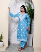 Miravan Women's Chikankari Embroidery Sky Blue Straight Kurta And Palazzo | Grocsy