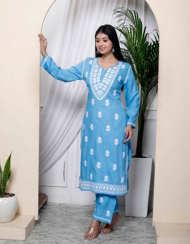 Miravan Women's Chikankari Embroidery Sky Blue Straight Kurta And Palazzo | Grocsy