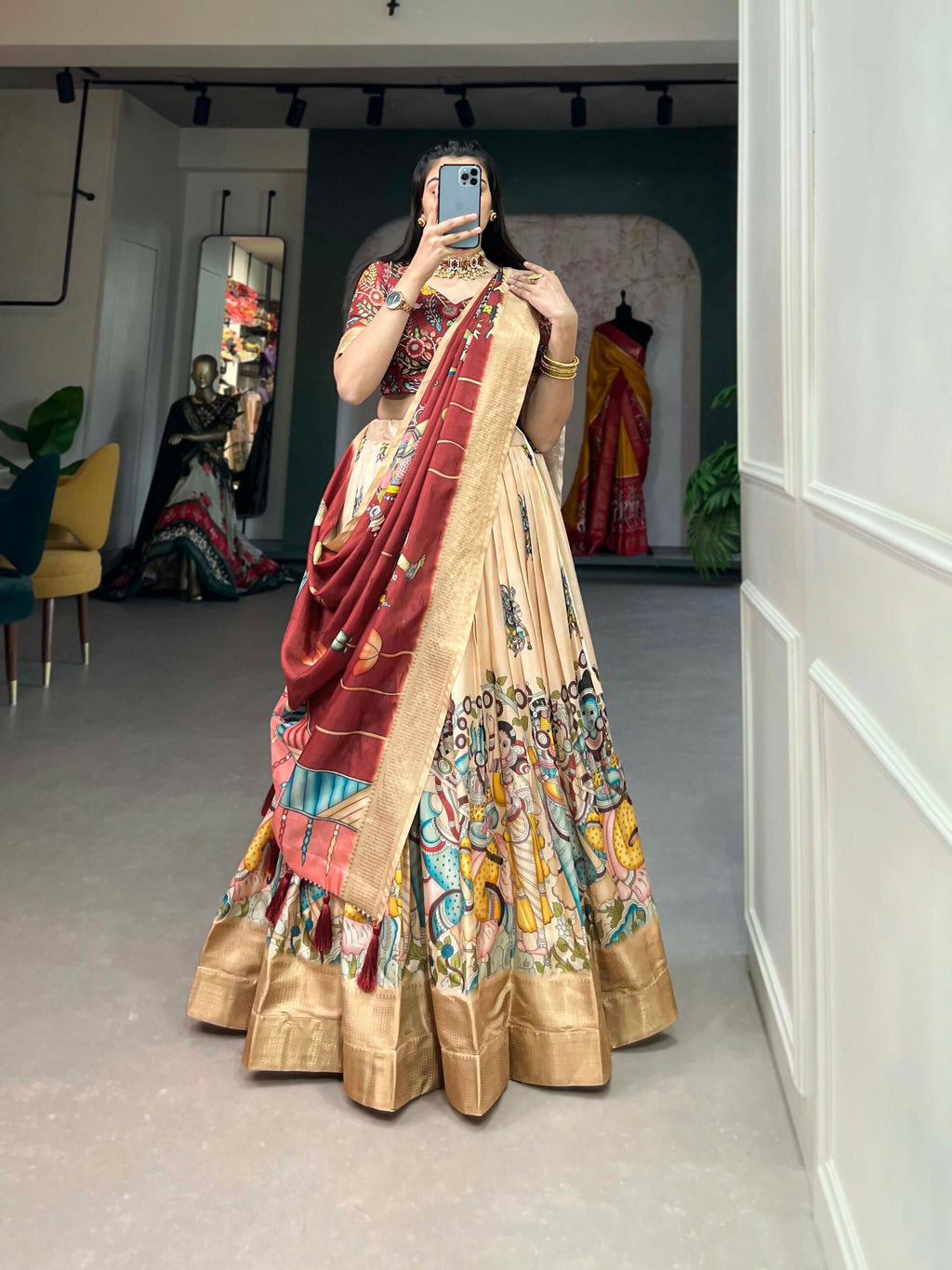 Vastranavya Kalamkari Print With Weaving Border Lehenga with Unstitched Blouse - Cream | Grocsy