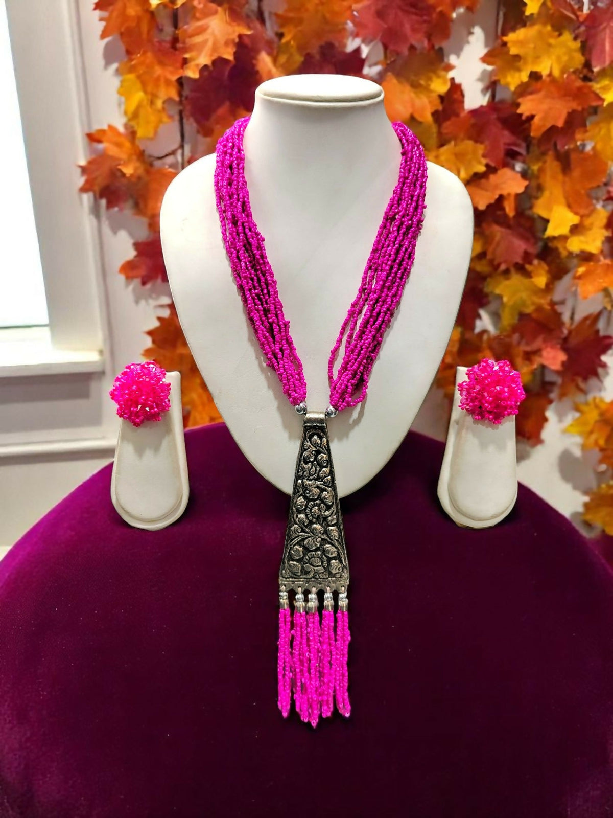Inhanns Day-To-Dinner Tie Shaped Oxidized Black Metal Multi-Layered Long Only Necklace - Hot Pink | Grocsy