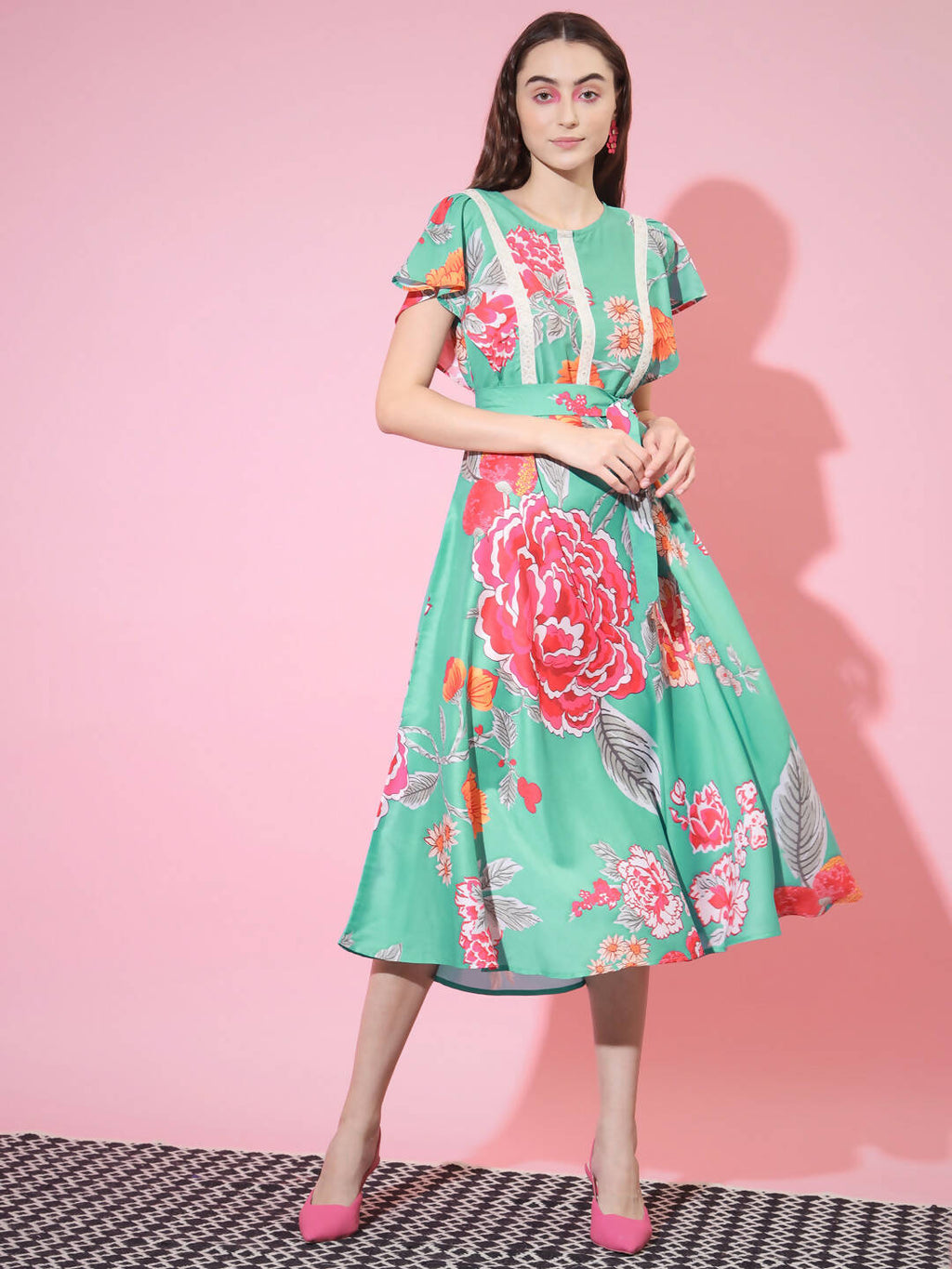 Myshka Women's Green Floral Printed Empire Dress | Grocsy