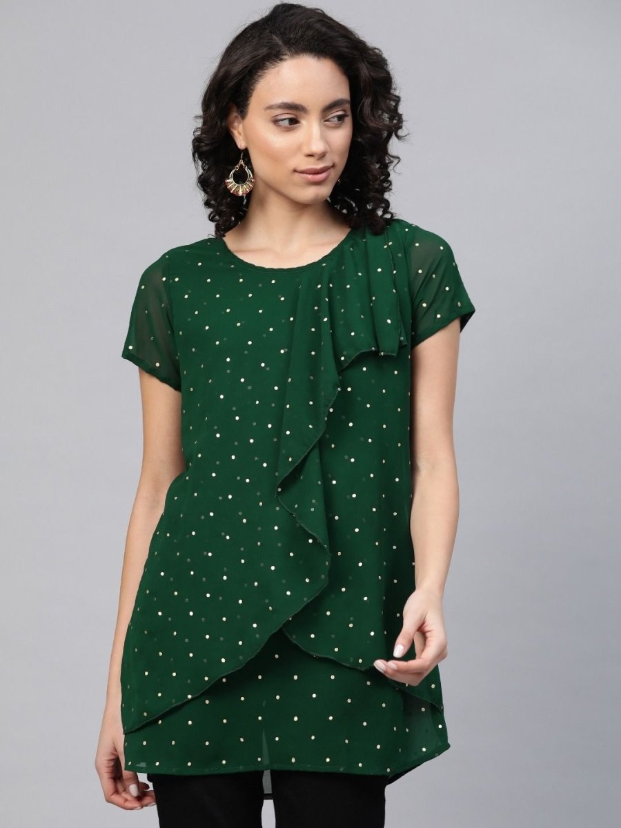 Ahalyaa Women Green Georgette Golden Polka Dots Print Layered Tunic | Grocsy