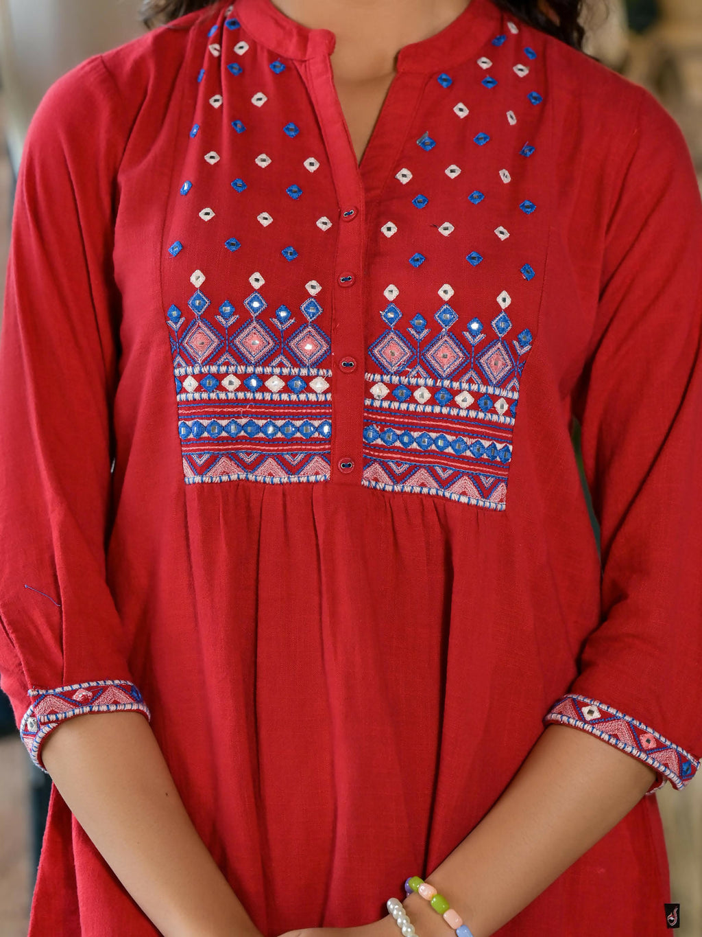 Juniper Women's Red Thread Embroidered Cotton Tunic With Mirror work & Buttons | Grocsy