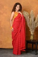 Very Much Indian Pure Mul Cotton Handloom Saree - Red | Grocsy