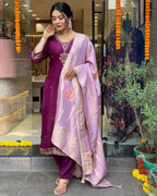 The52 Women's Beautiful Chanderi Fabric Embroidery Work Flared Kurta Pant and Dupatta Set | Grocsy
