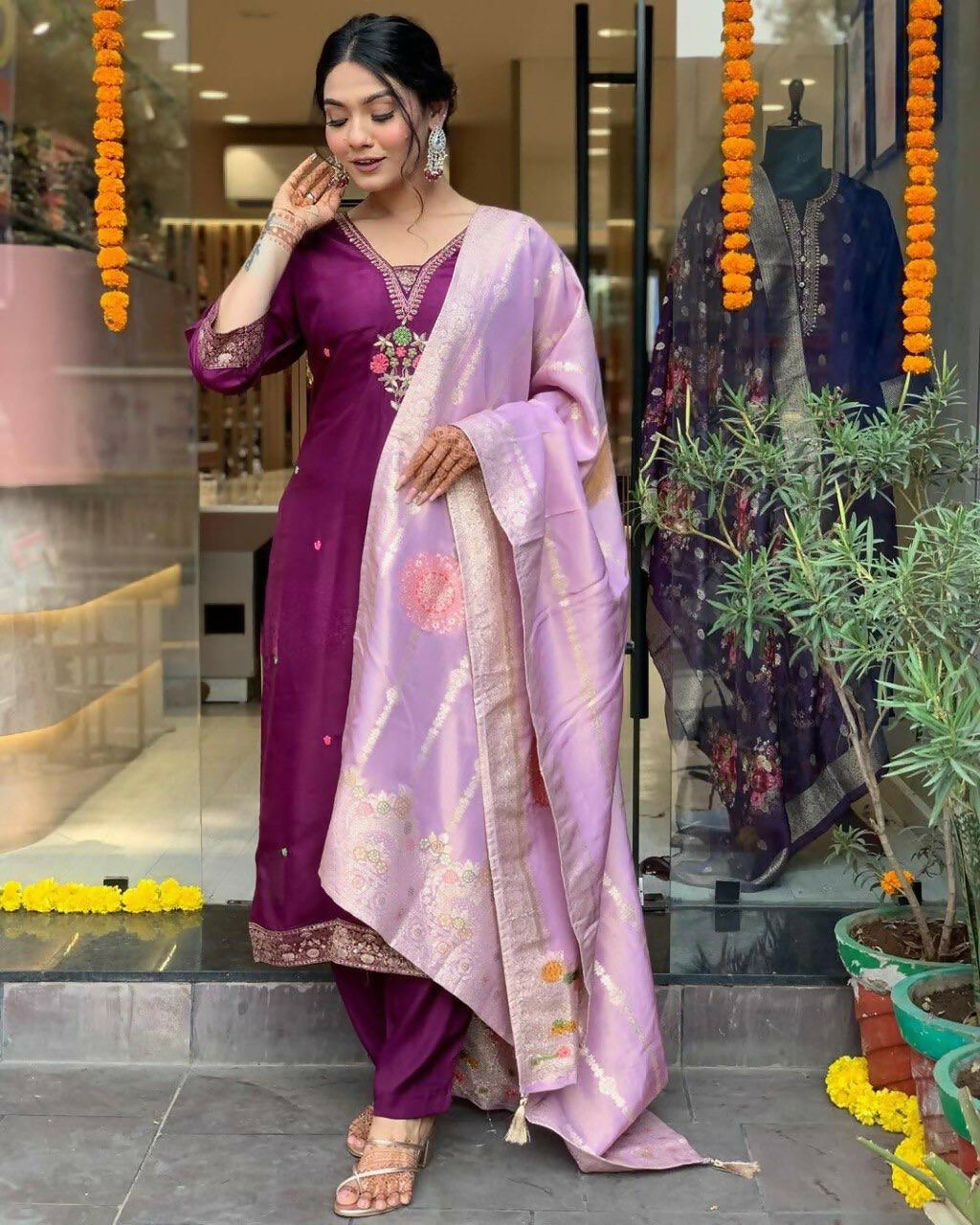 The52 Women's Beautiful Chanderi Fabric Embroidery Work Flared Kurta Pant and Dupatta Set | Grocsy