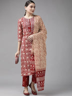 Yufta Maroon & Beige Ethnic Motifs Screen Print Cotton Straight Kurta Palazzo & Dupatta | Grocsy