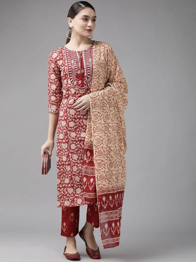 Yufta Maroon & Beige Ethnic Motifs Screen Print Cotton Straight Kurta Palazzo & Dupatta | Grocsy