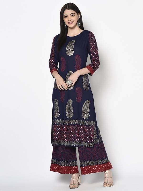 Aniyah Rayon Navy Blue Color Block Print Flared Slip-On Palazzo (AN-178K) | Grocsy