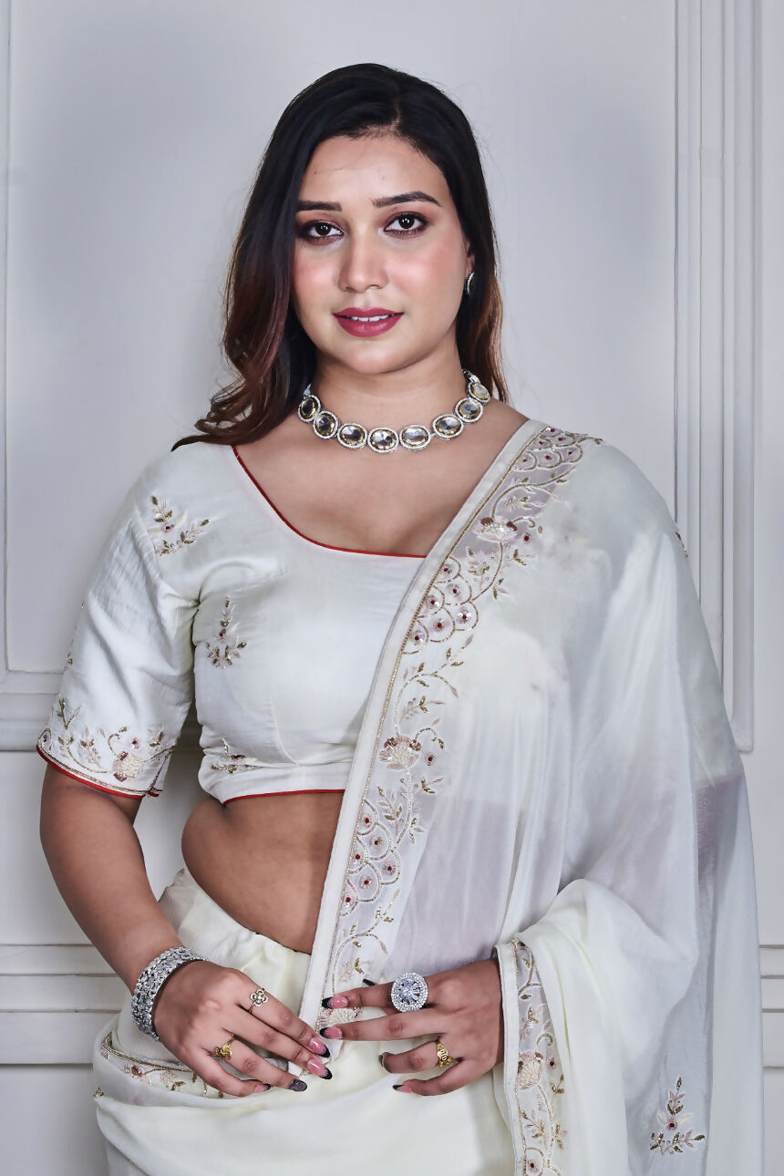 Morchari Off White Chiffon Hand Embroidery Saree Stitched Blouse | Grocsy