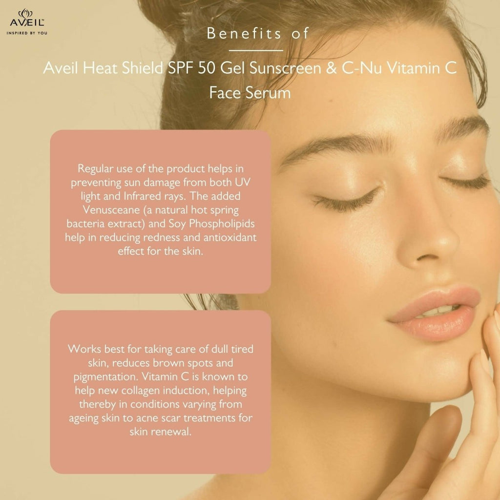 Aveil Heat Shield SPF 50 Gel Sunscreen & C-Nu Vitamin C Face Serum Combo | Grocsy