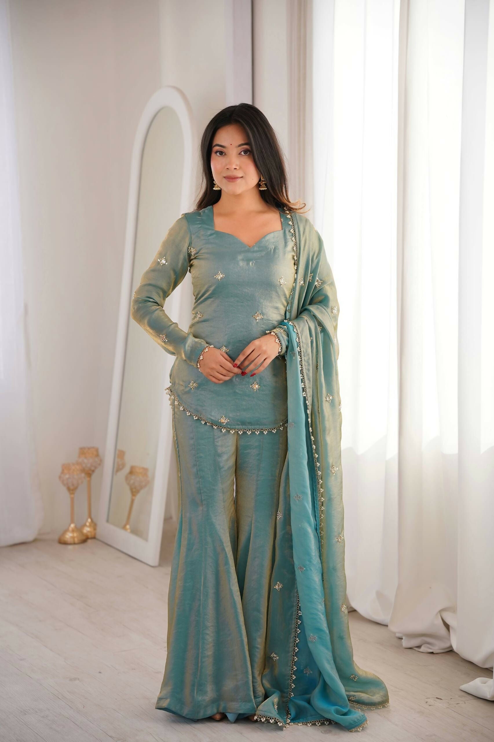 Teeya Creation New Womens Trendy Embroidery Sequence Work Teal Kurta Set | Grocsy