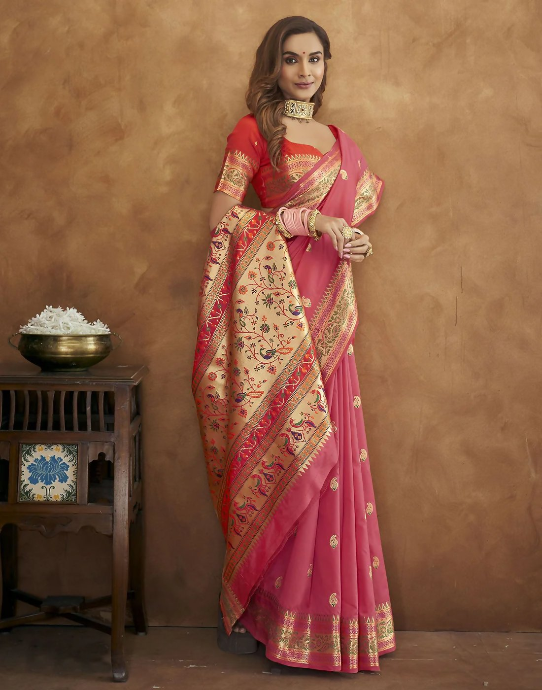 Vastranavya Pink Soft Paithani Silk Saree With Gold Zari Weaving Motifs With Matching Blouse Fabric | Grocsy