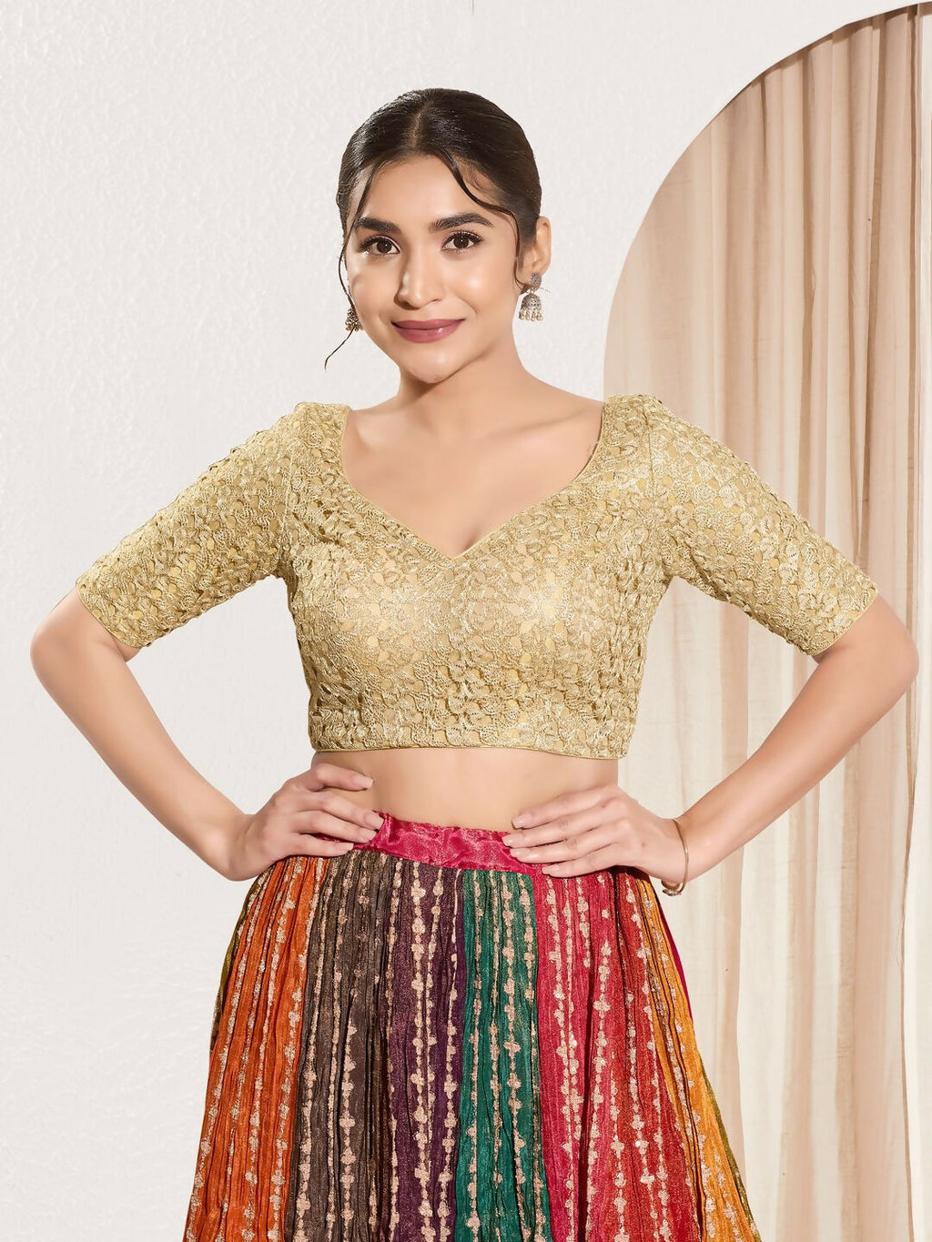 Joban Fashion Gold Crochet Padded Blouse With Sweetheart Neck Elbow Sleeves | Grocsy