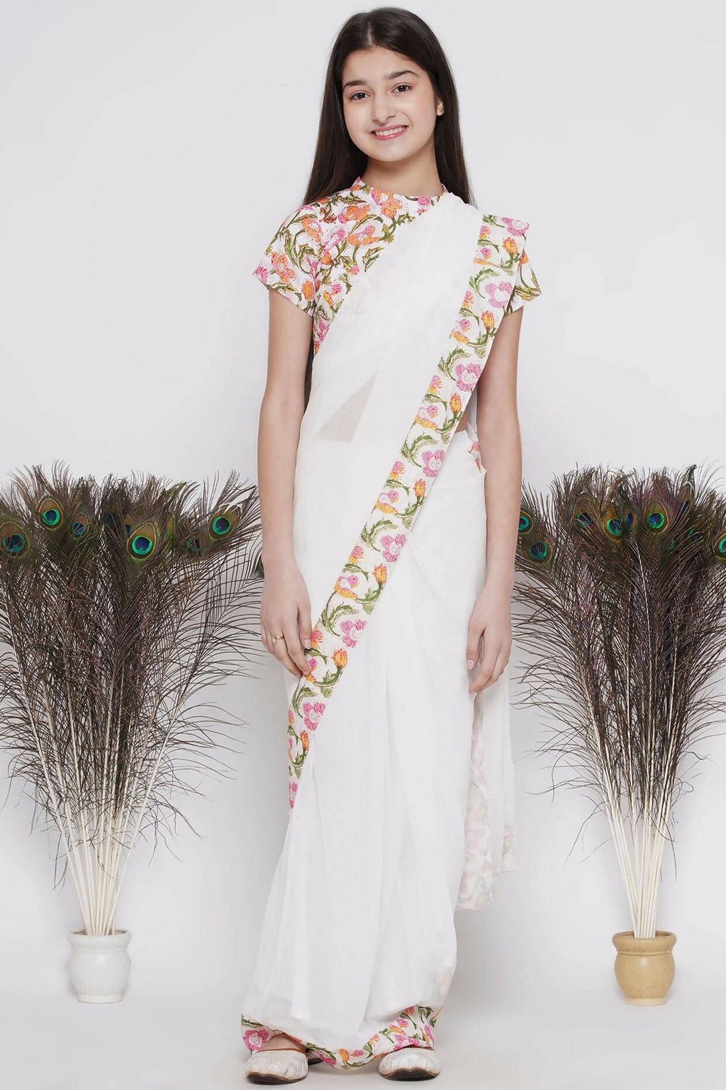 Little Bansi Floral Print Ready To Wear Saree And Floral Blouse - White | Grocsy