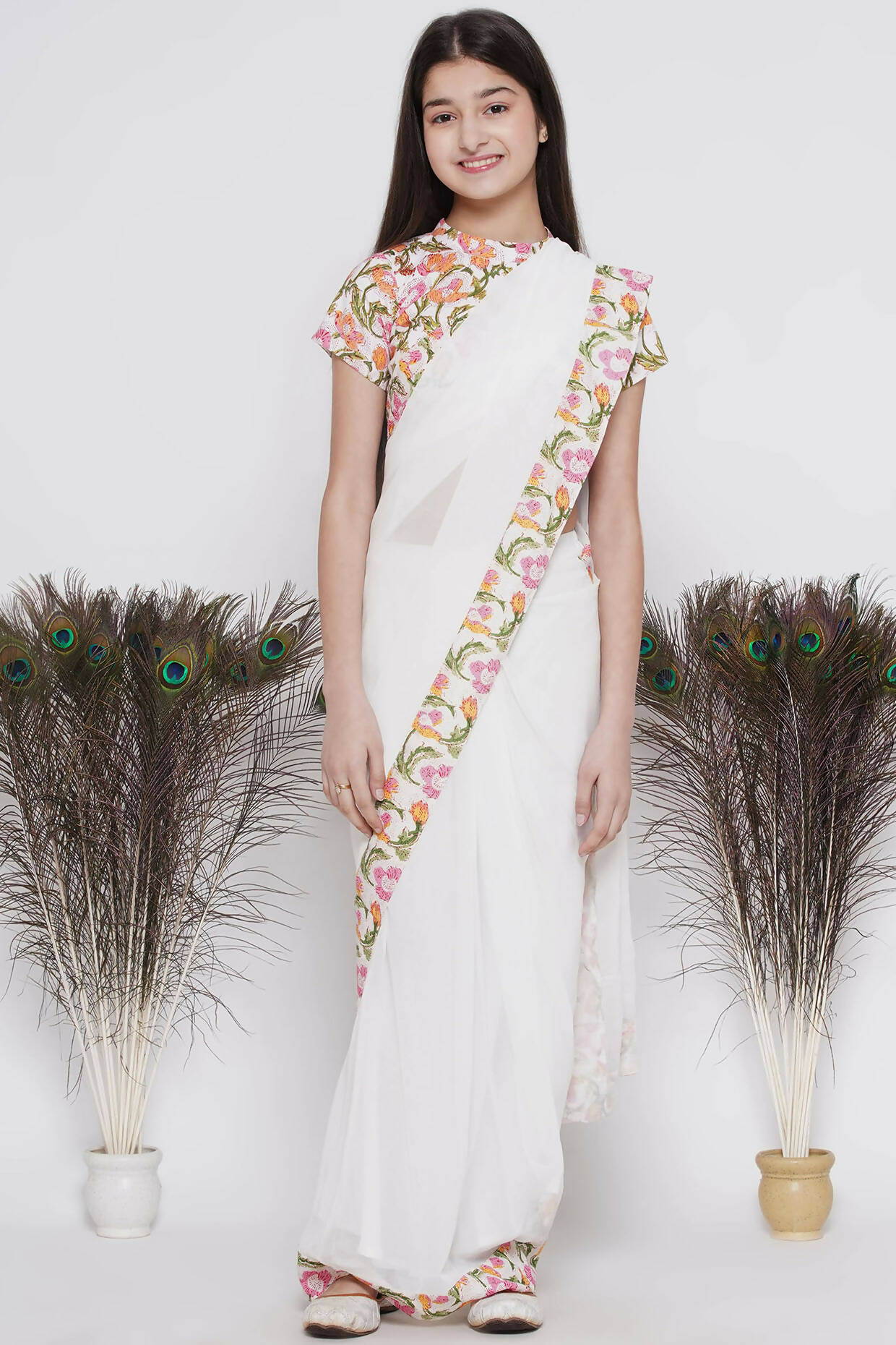 Little Bansi Floral Print Ready To Wear Saree And Floral Blouse - White | Grocsy