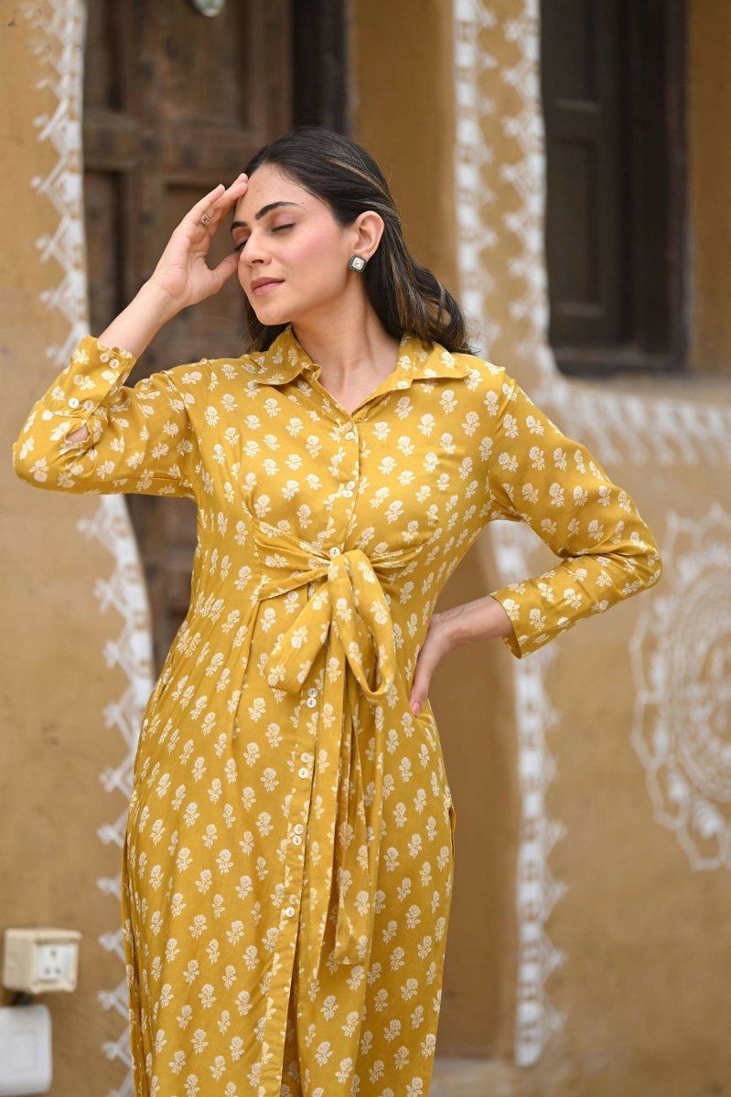 Aayaa Pure Muslin printed Kurti & Pant - Mustard yellow | Grocsy