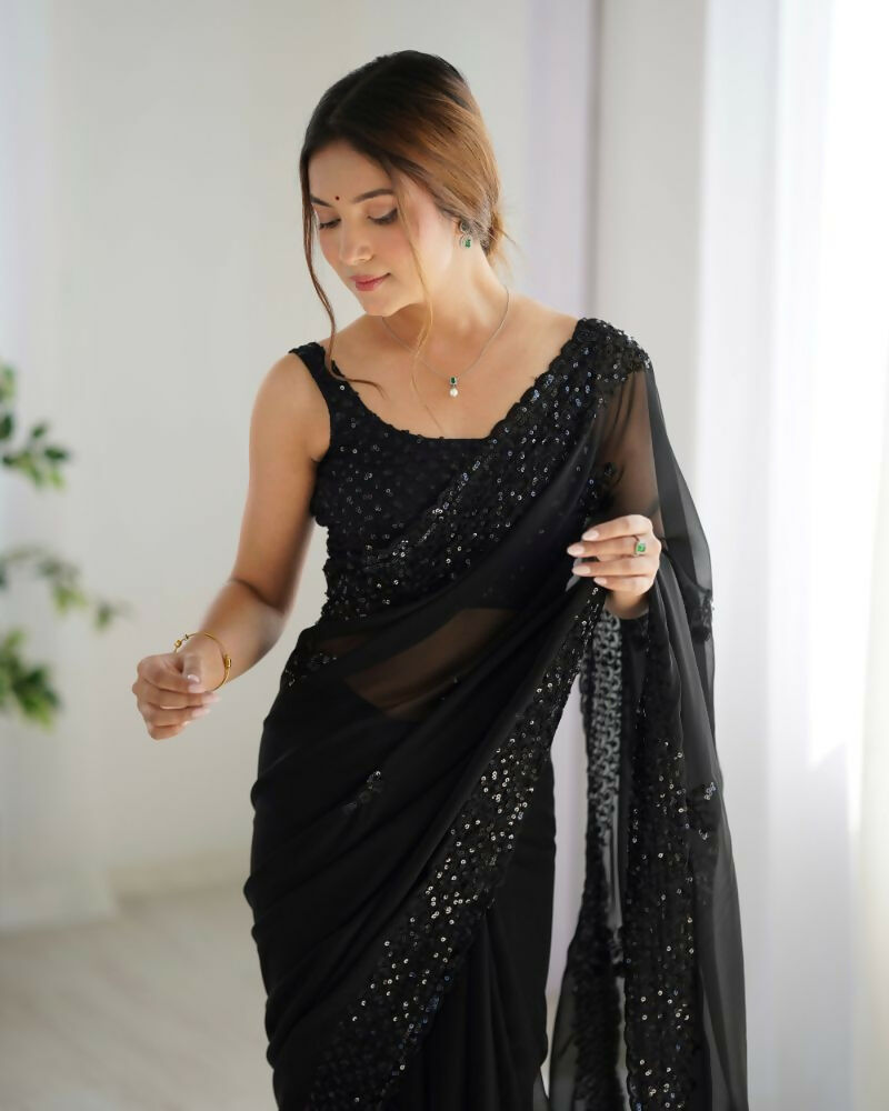 Attractive Looking Georgette Thread, Sequance Embroidery Work Party Wear Saree - Black | Grocsy