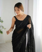 Attractive Looking Georgette Thread, Sequance Embroidery Work Party Wear Saree - Black | Grocsy