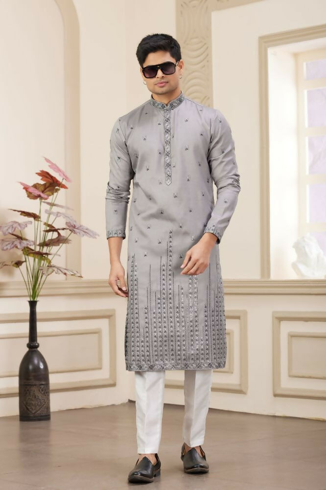Raivat Ethnic Art Silk Thread Work Kurta Pajama In Grey Colour | Grocsy