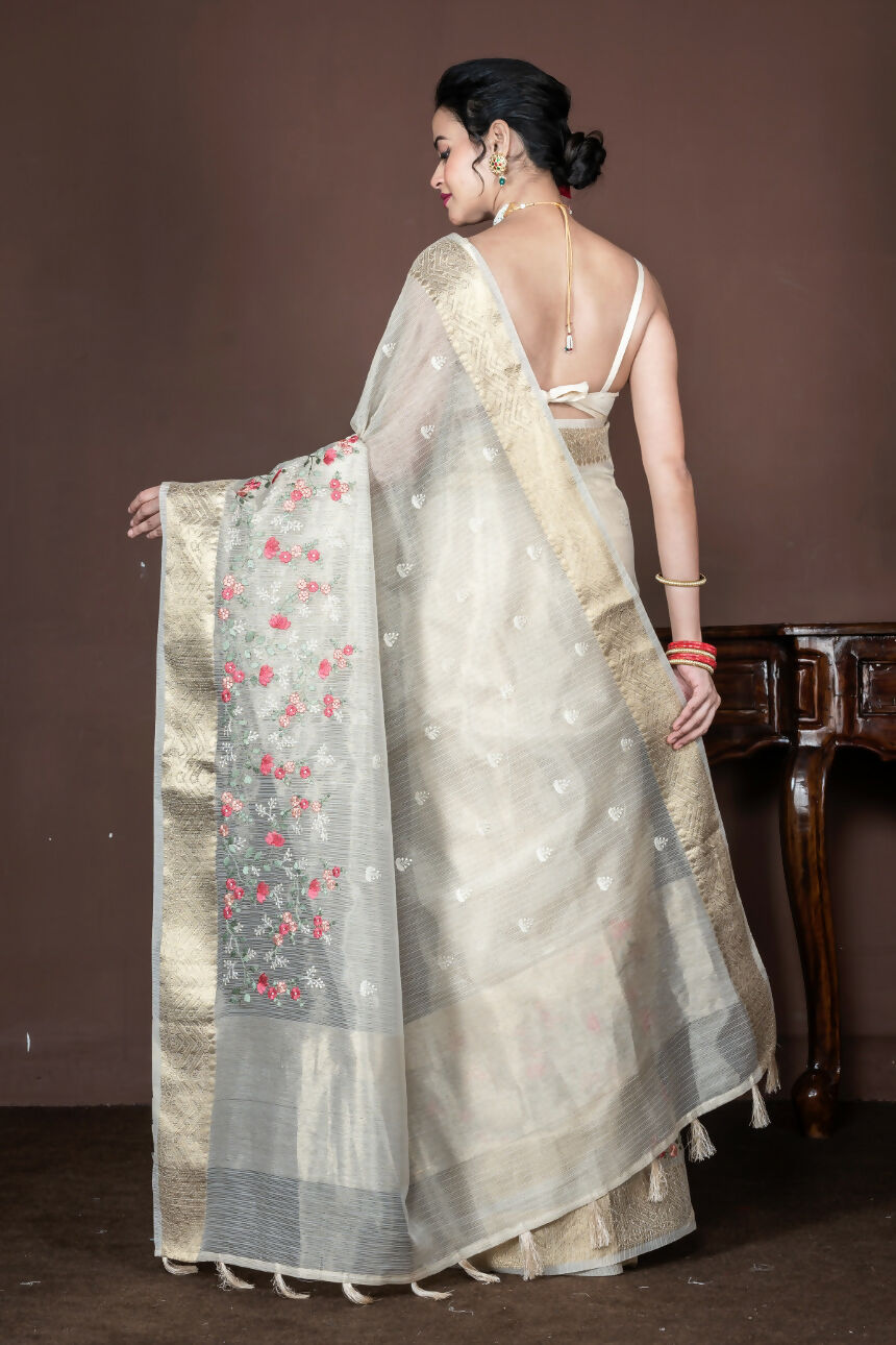 Morchari Beige Banarasi Tissue Computer Embroidery Saree Unstitched Blouse | Grocsy