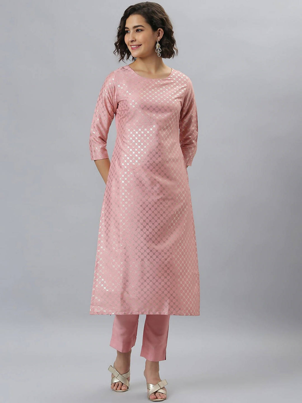 Janasya Women Mauve Woven Design Kurta with Trousers | Grocsy