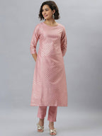 Janasya Women Mauve Woven Design Kurta with Trousers | Grocsy