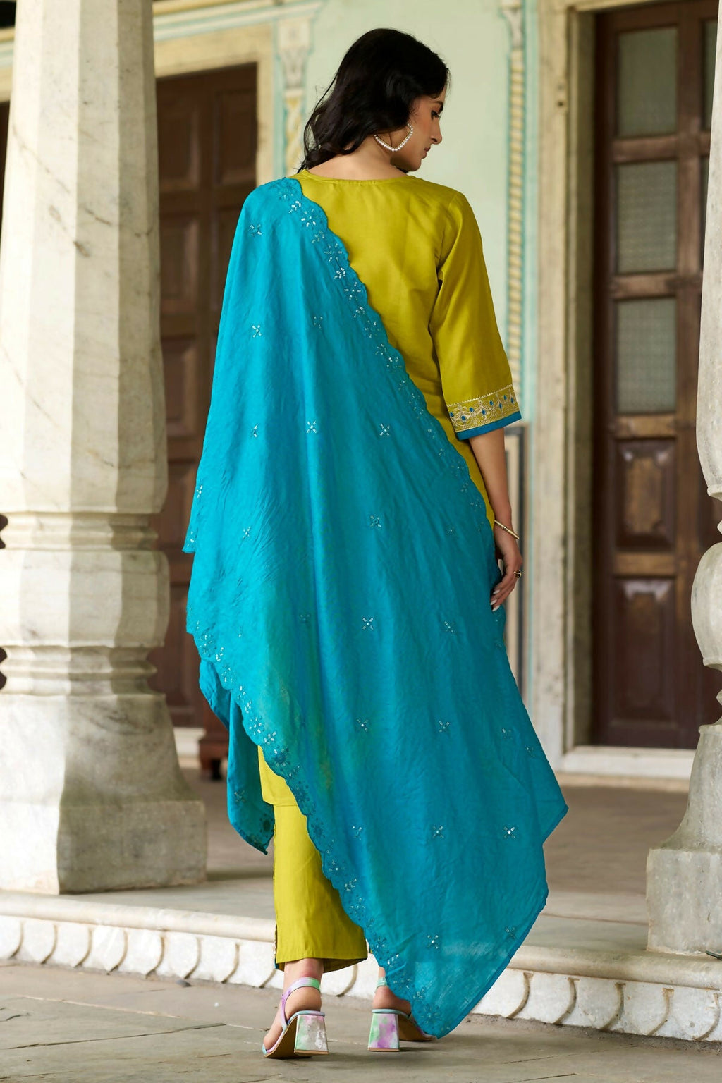 The52 Lemon Beautiful Embroidered Viscose Chanderi Fabric Straight Kurta Pant with Dupatta Set | Grocsy