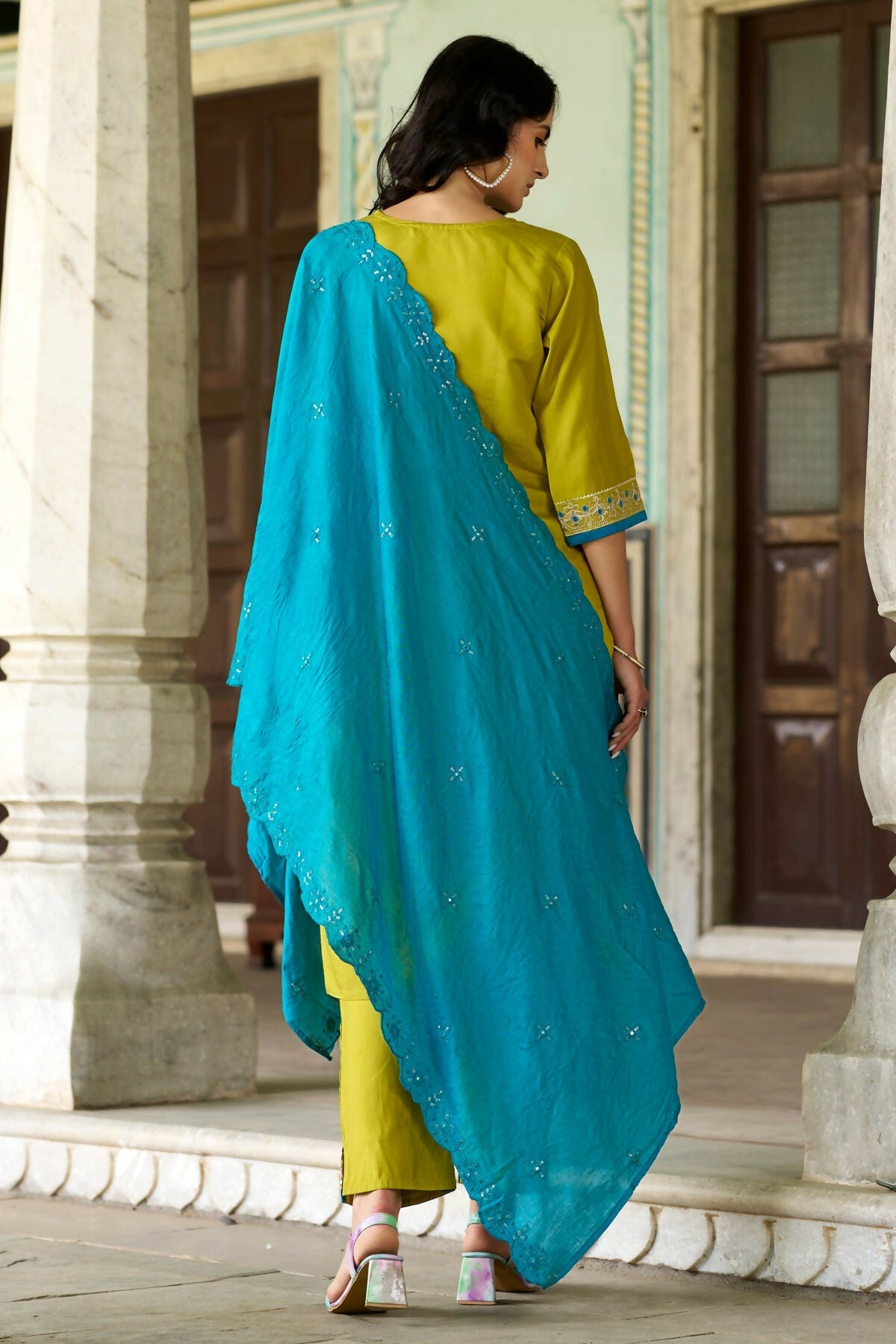 The52 Lemon Beautiful Embroidered Viscose Chanderi Fabric Straight Kurta Pant with Dupatta Set | Grocsy