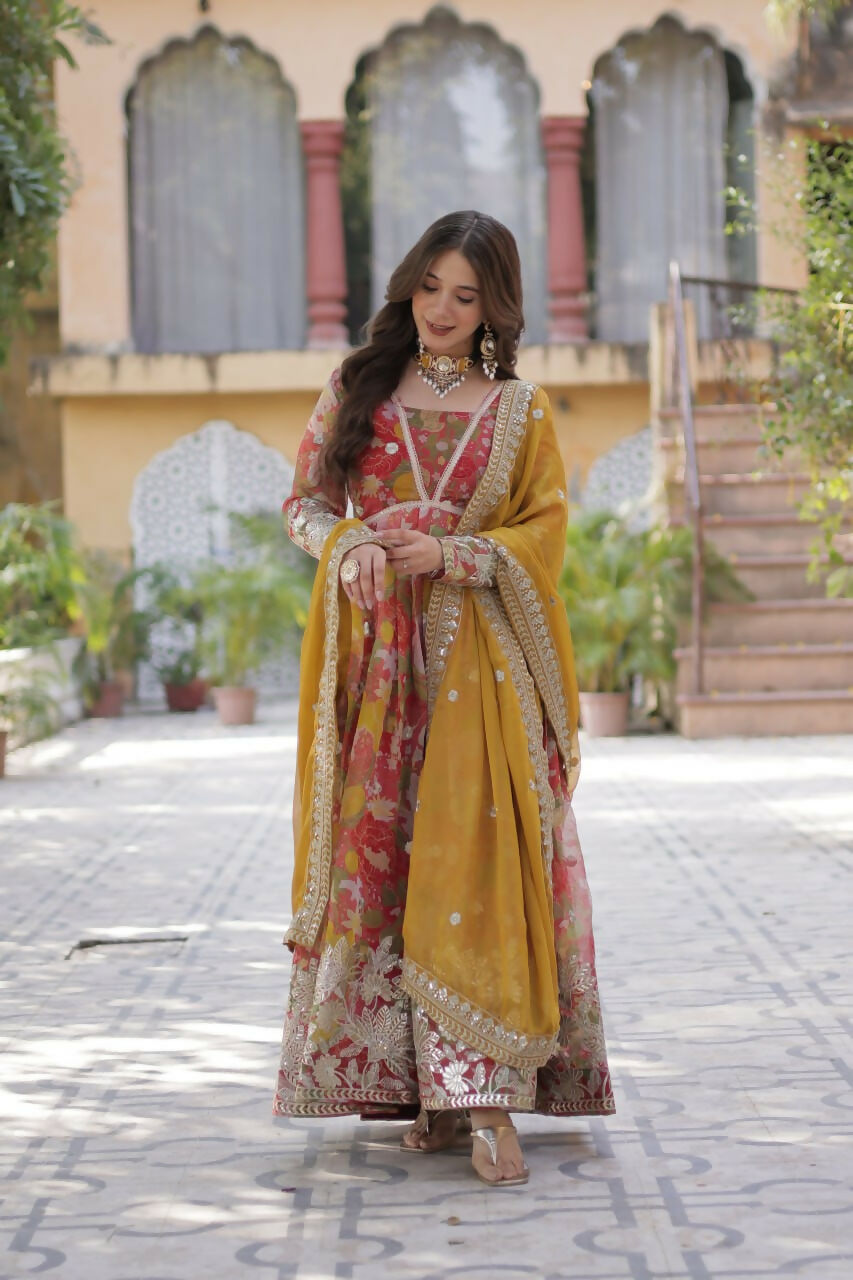 Vastranavya Multicolor Russian Silk Foil Embroidery with Zari Sequins & Digital Printed Gown Dupatta | Grocsy